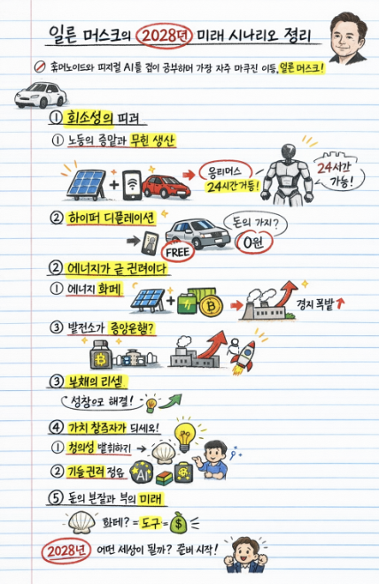 일론 머스크 2028 미래 시나리오 정리 이미지 (하단의 텍스트와 동일)