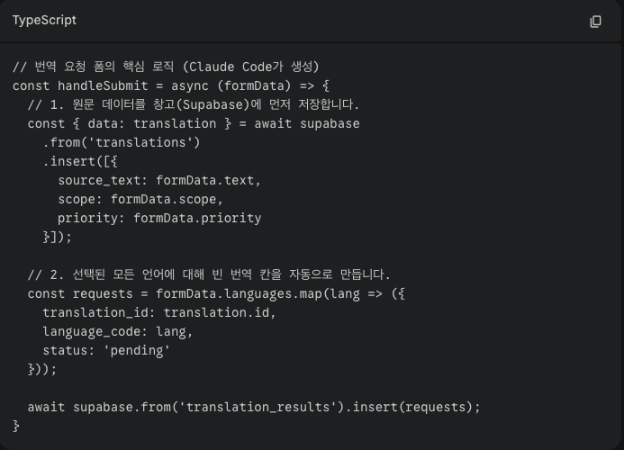 AI 소스 코드 

// 번역 요청 폼의 핵심 로직 (Claude Code가 생성)
const handleSubmit = async (formData) => {
  // 1. 원문 데이터를 창고(Supabase)에 먼저 저장합니다.
  const { data: translation } = await supabase
    .from('translations')
    .insert([{
      source_text: formData.text,
      scope: formData.scope,
      priority: formData.priority
    }]);

  // 2. 선택된 모든 언어에 대해 빈 번역 칸을 자동으로 만듭니다.
  const requests = formData.languages.map(lang => ({
    translation_id: translation.id,
    language_code: lang,
    status: 'pending'
  }));
  
  await supabase.from('translation_results').insert(requests);
}