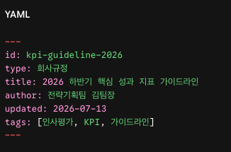 ---
id: kpi-guideline-2026
type: 회사규정
title: 2026 하반기 핵심 성과 지표 가이드라인
author: 전략기획팀 김팀장
updated: 2026-07-13
tags: [인사평가, KPI, 가이드라인]
---